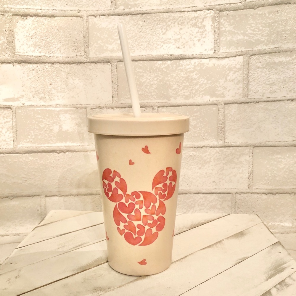 Disney Mickey Mouse Hearts Bamboo Tumbler 16oz Cold Cup Eco Friendly Beige NWOT